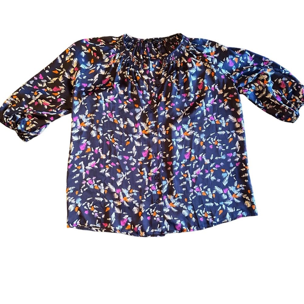 Aqua Bloomingdale’s Short Sleeve Black Floral Feather Print Button Down Blouse